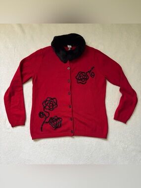Hanna Andersson Red Cardigan with Black Rose Appliqués